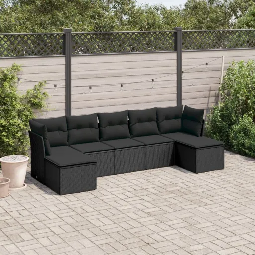 Set de Comedor de Jardín 7 Pzas y Cojines Ratán Sintético Negro