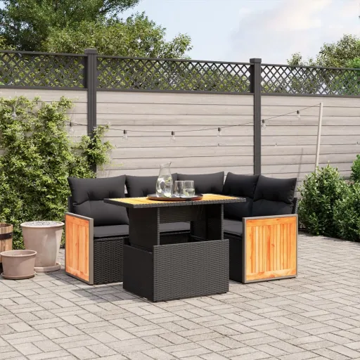 Set de Muebles de Jardín 5 Pzas y Cojines Ratán Sintético Negro