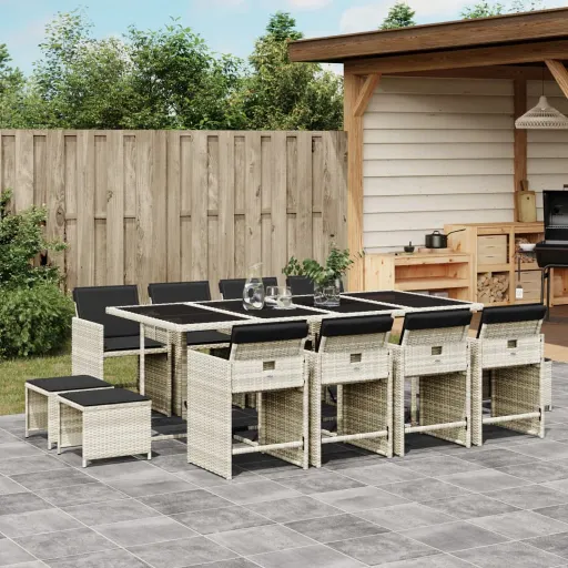 Set Comedor Jardín y Cojines 13 Pzas Ratán Sintético Gris Claro