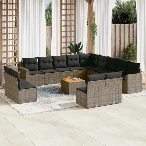 Set de Sofás de Jardín 14 Pzas Con Cojines Ratán Sintético Gris
