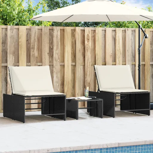Tumbonas Modulares 2 Piezas Con Mesa de Ratán Sintético Negro