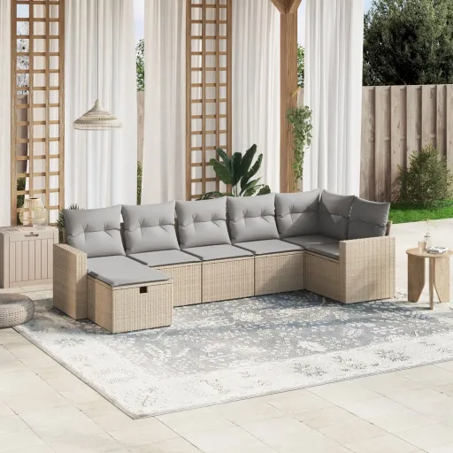 Juego de Sofás Jardín Con Cojines Beige Mezcla 7 Pzas Ratán PE