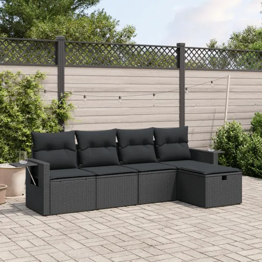 Set de Muebles de Jardín 5 Pzas y Cojines Ratán Sintético Negro