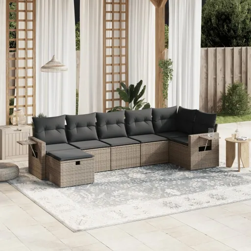 Set de Sofás de Jardín 7 Piezas Con Cojines Ratán PE Gris