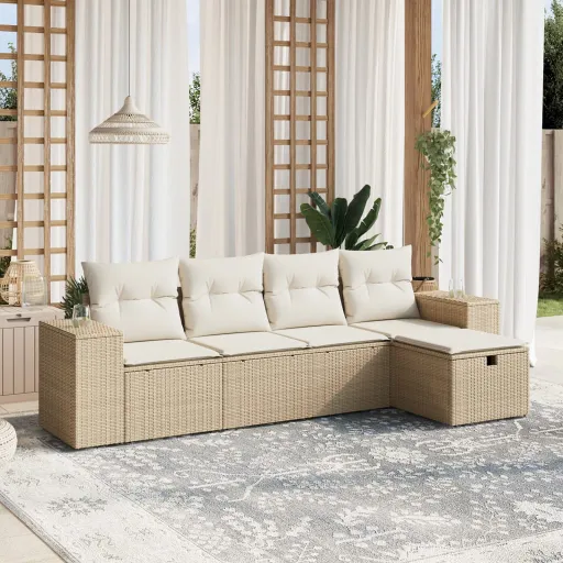 Juego de Sofás Jardín Con Cojines 5 Pzas Ratán Sintético Beige