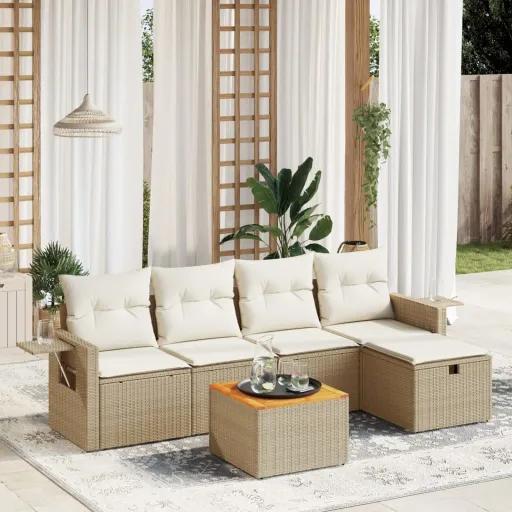 Juego de Sofás Jardín Con Cojines 6 Pzas Ratán Sintético Beige