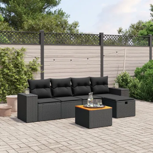 Set de Sofás de Jardín 6 Piezas y Cojines Ratán Sintético Negro