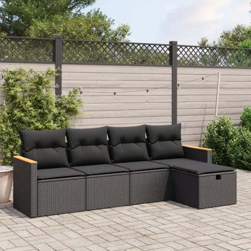 Set de Muebles de Jardín 5 Pzas y Cojines Ratán Sintético Negro