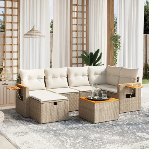 Set Sofás de Jardín 7 Piezas y Cojines Ratán Sintético Beige