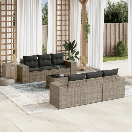 Set de Sofás de Jardín 7 Piezas Con Cojines Ratán PE Gris