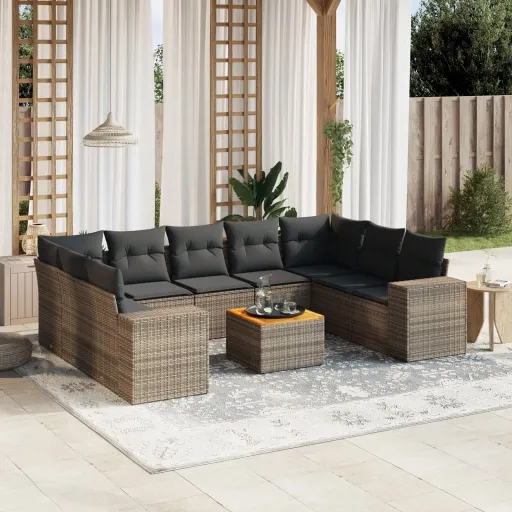 Set de Sofás de Jardín 10 Pzas Con Cojines Ratán Sintético Gris
