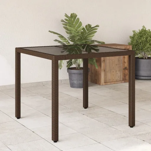 Mesa de Jardín Superficie de Vidrio Ratán PE Marrón 90x90x75 cm