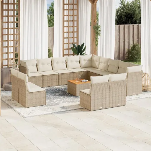 Set Sofás de Jardín 14 Pzas Con Cojines Ratán Sintético Beige