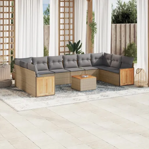 Set de Sofás de Jardín 11pzas Con Cojines Ratán Sintético Beige