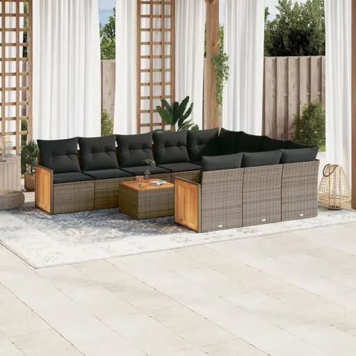 Set de Sofás de Jardín 11 Pzas y Cojines Ratán Sintético Gris