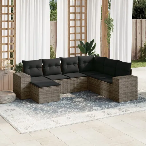 Set de Sofás de Jardín 7 Piezas Con Cojines Ratán PE Gris