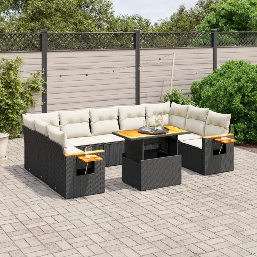 Set de Sofás de Jardín 10 Pzas Cojines Ratán Sintético Negro