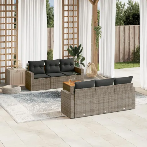 Set de Sofás de Jardín 7 Piezas Con Cojines Ratán PE Gris