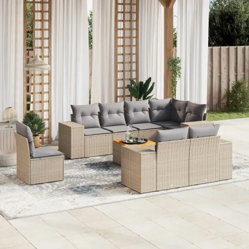 Set de Sofás de Jardín 9 Pzas Con Cojines Ratán Sintético Beige