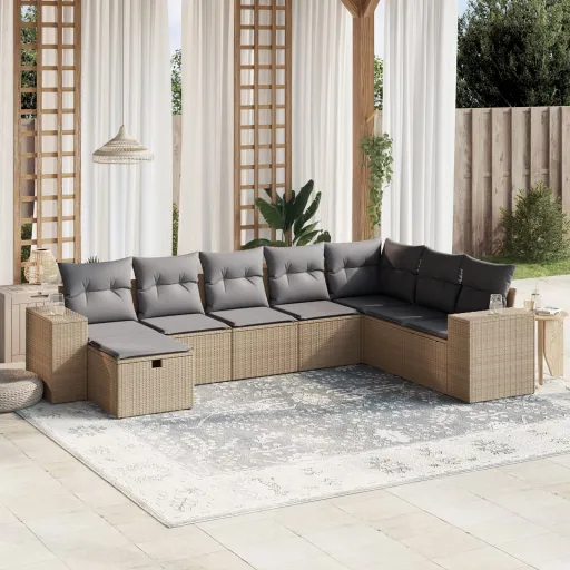 Juego de Sofás Jardín Con Cojines Beige Mezcla 8 Pzas Ratán PE