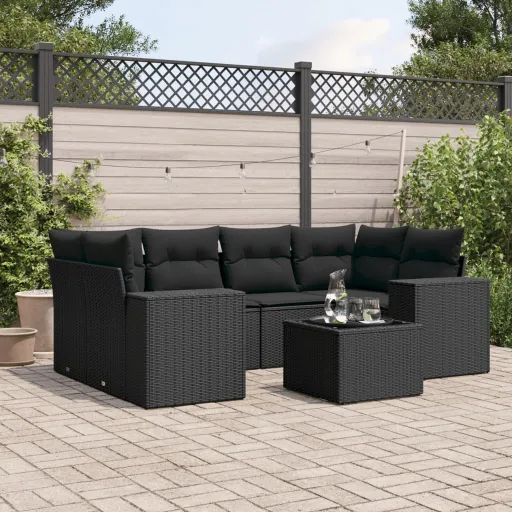 Set de Comedor de Jardín 7 Pzas y Cojines Ratán Sintético Negro
