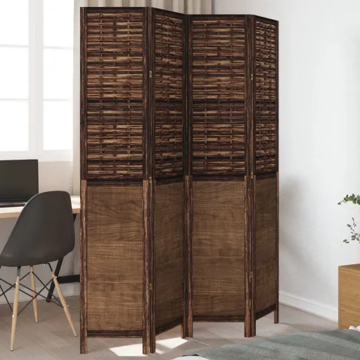 Biombo Separador de 4 Paneles Madera Paulownia Marrón Oscuro