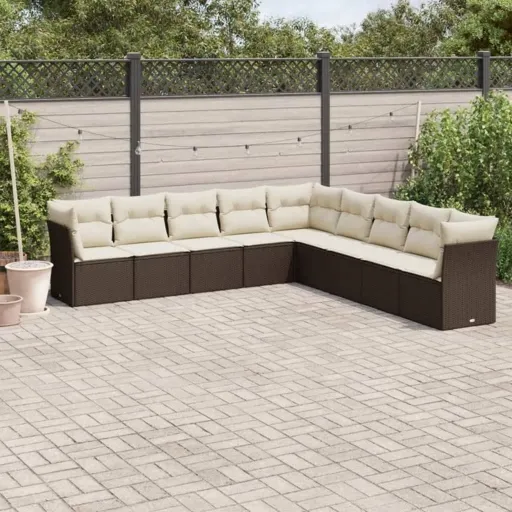 Set de Sofás de Jardín 9 Pzas y Cojines Ratán Sintético Marrón
