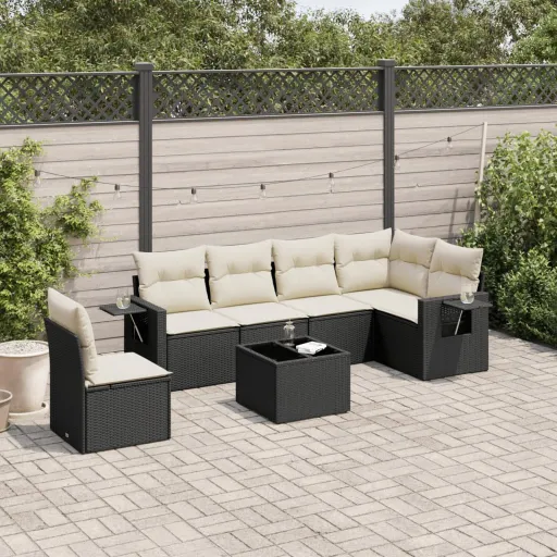 Set de Comedor de Jardín 7 Pzas y Cojines Ratán Sintético Negro