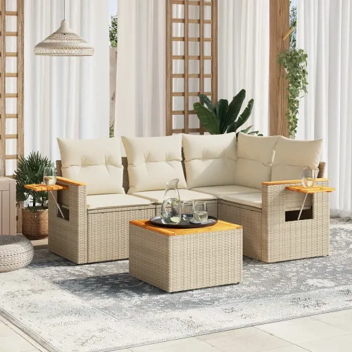 Juego de Sofás Jardín Con Cojines 5 Pzas Ratán Sintético Beige