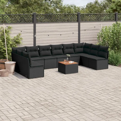 Set de Sofás de Jardín 11 Pzas y Cojines Ratán Sintético Negro