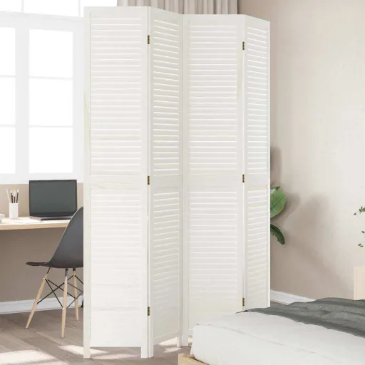 Biombo Separador de 4 Paneles Madera Maciza Paulownia Blanco