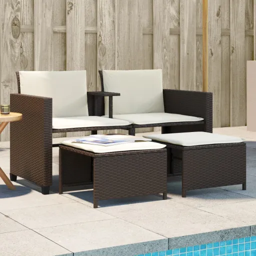 Sofá de Jardín 2 Plazas Con Mesa y Taburetes Ratán PE Marrón