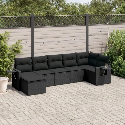Set de Comedor de Jardín 7 Pzas y Cojines Ratán Sintético Negro