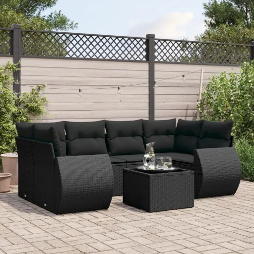 Set de Comedor de Jardín 7 Pzas y Cojines Ratán Sintético Negro
