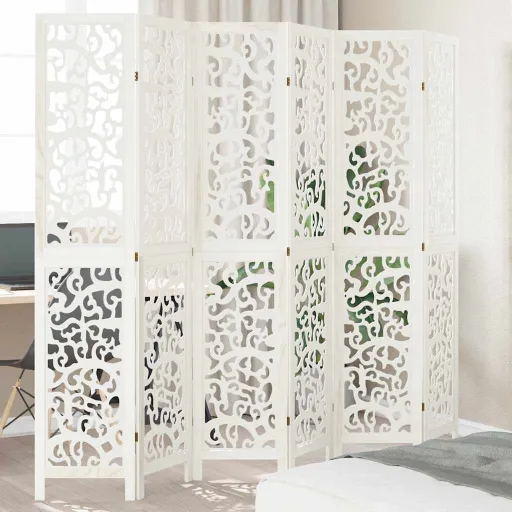 Biombo Separador de 6 Paneles Madera Maciza Paulownia Blanco