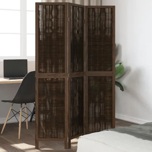 Biombo Separador de 3 Paneles Madera Paulownia Marrón Oscuro