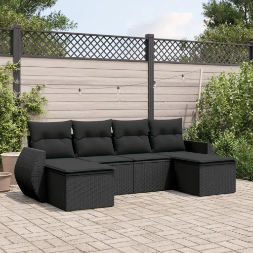Set de Sofás de Jardín 6 Piezas y Cojines Ratán Sintético Negro