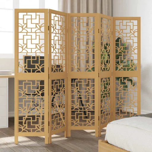Biombo Separador de 5 Paneles Madera Maciza Paulownia Marrón