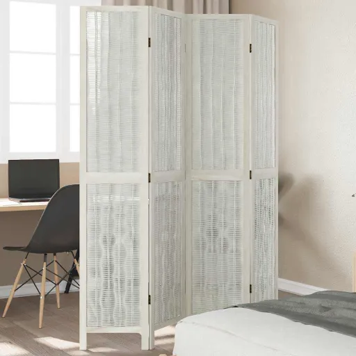 Biombo Separador de 4 Paneles Madera Maciza Paulownia Blanco