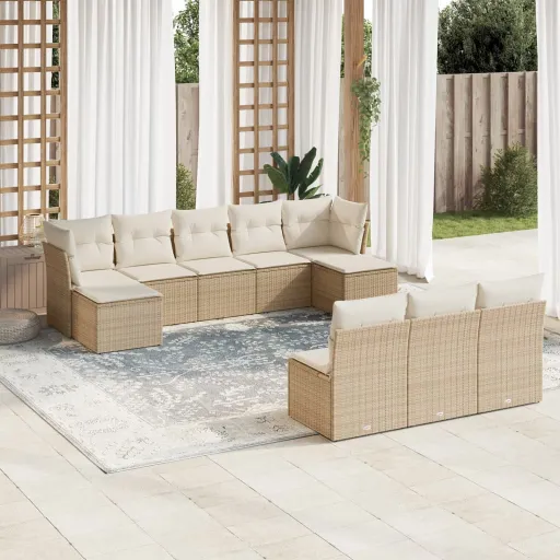 Juego de Sofás Jardín Con Cojines Beige 10 Pzas Ratán Sintético