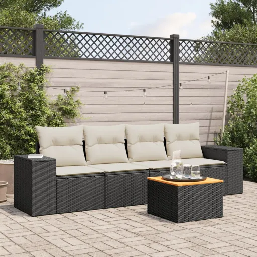 Set de Muebles de Jardín 5 Pzas y Cojines Ratán Sintético Negro