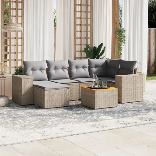 Set Sofás de Jardín 7 Piezas y Cojines Ratán Sintético Beige