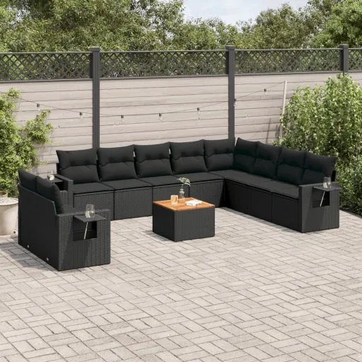 Set de Sofás de Jardín 11 Pzas y Cojines Ratán Sintético Negro