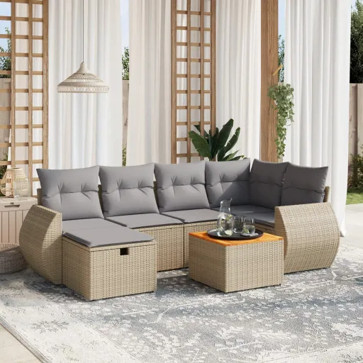 Juego de Sofás Jardín Con Cojines Beige Mezcla 7 Pzas Ratán PE