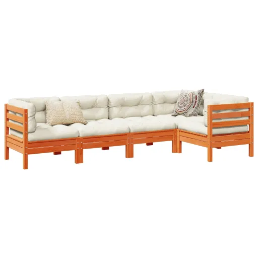 Set de Sofás Jardín 5 Pzas Con Cojines Madera Pino Marrón Cera