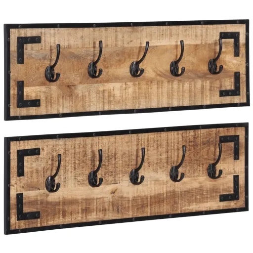 Percheros 2 Uds Madera Maciza de Mango Rugosa 80x8x25 cm