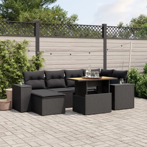 Set de Comedor de Jardín 7 Pzas y Cojines Ratán Sintético Negro