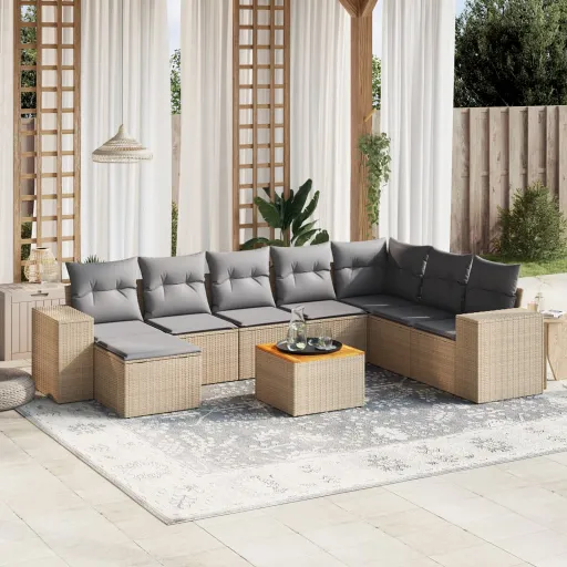 Set de Sofás de Jardín 9 Pzas Con Cojines Ratán Sintético Beige