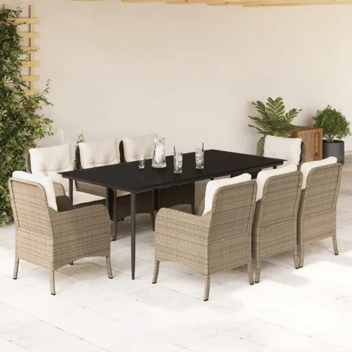 Set Comedor de Jardín 9 Pzas Con Cojines Ratán Sintético Beige