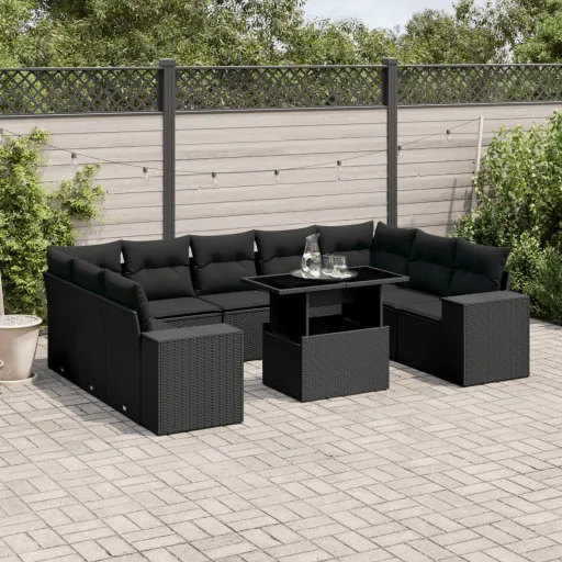 Set de Sofás de Jardín 10 Pzas Cojines Ratán Sintético Negro